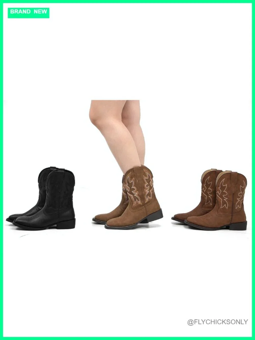 Wide Square Toe Cowgirl Boots with Embroidery Chunky Heel Pull On
